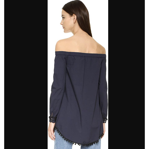 Derek Lam 10 Crosby Navy Blue Off the Shoulder Pompom Trim Tunic Top Blouse Sz 6 - Picture 3 of 10